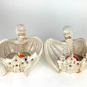 Vintage 1980 Ceramic Skeleton Haunted House Tea Light Candle Holders and candle